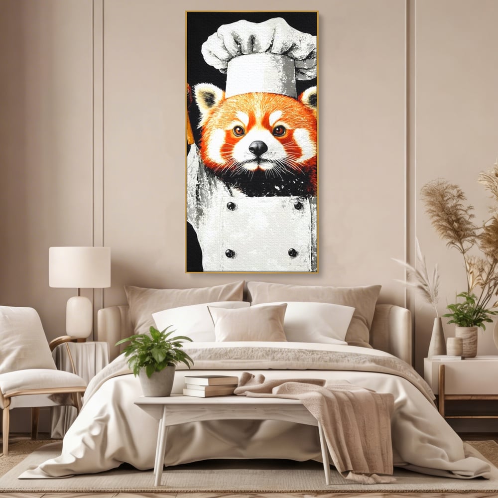 Tablou canvas cu tablou canvas cu panda rosu bucatar, in rama de aluminiu auriu, pe perete intr-un dormitor